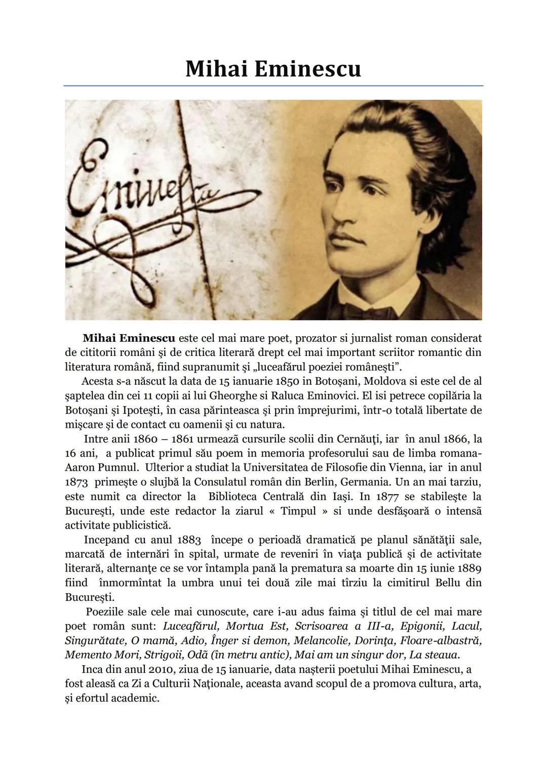 # Mihai Eminescu
Emine
Mihai Eminescu este cel mai mare poet, prozator si jurnalist roman considerat
de cititorii români şi de critica lit