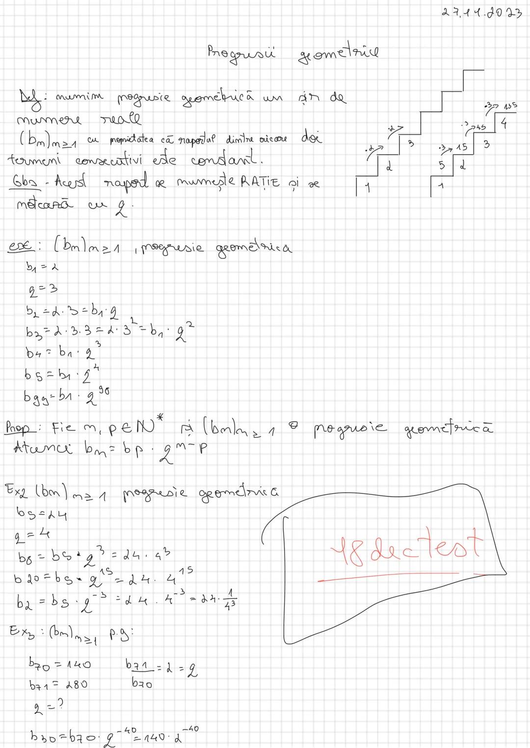 27.11.2023
Progresi geometrice
Def: numim progresie geometrică un șir de
numere reale
$(b_m)_{m=1}$ cu proprietatea că raportul dintre ori