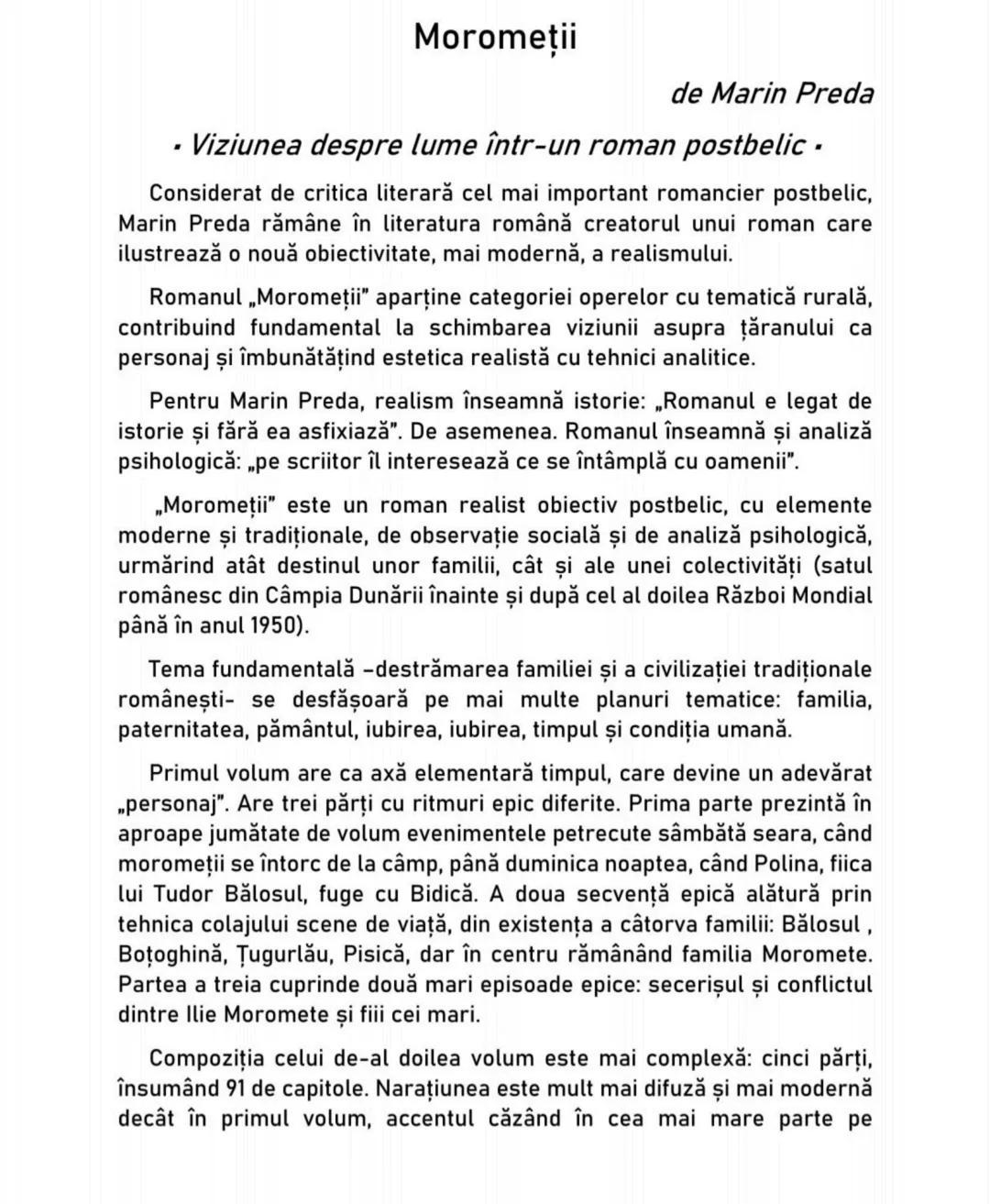 # Moromeții
de Marin Preda
• Viziunea despre lume într-un roman postbelic.
Considerat de critica literară cel mai important romancier pos