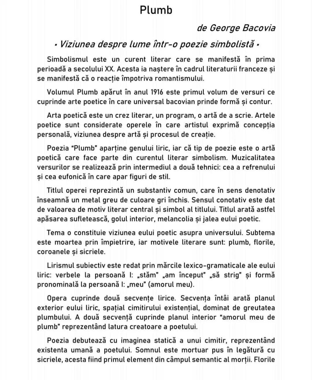 # Plumb
de George Bacovia
* Viziunea despre lume într-o poezie simbolistă •
Simbolismul este un curent literar care se manifestă în pri