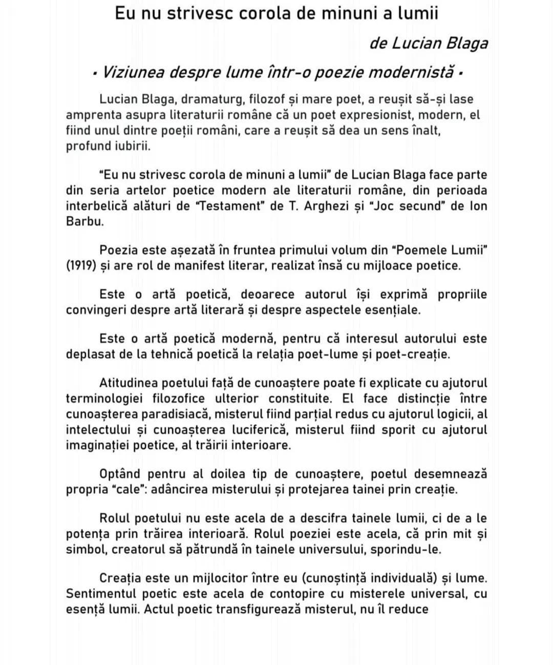 # Eu nu strivesc corola de minuni a lumii
de Lucian Blaga
• Viziunea despre lume într-o poezie modernistă •
Lucian Blaga, dramaturg, filo