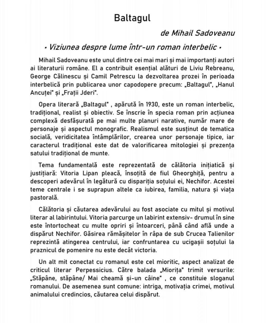# Baltagul
de Mihail Sadoveanu
- Viziunea despre lume într-un roman interbelic .
Mihail Sadoveanu este unul dintre cei mai mari și mai im