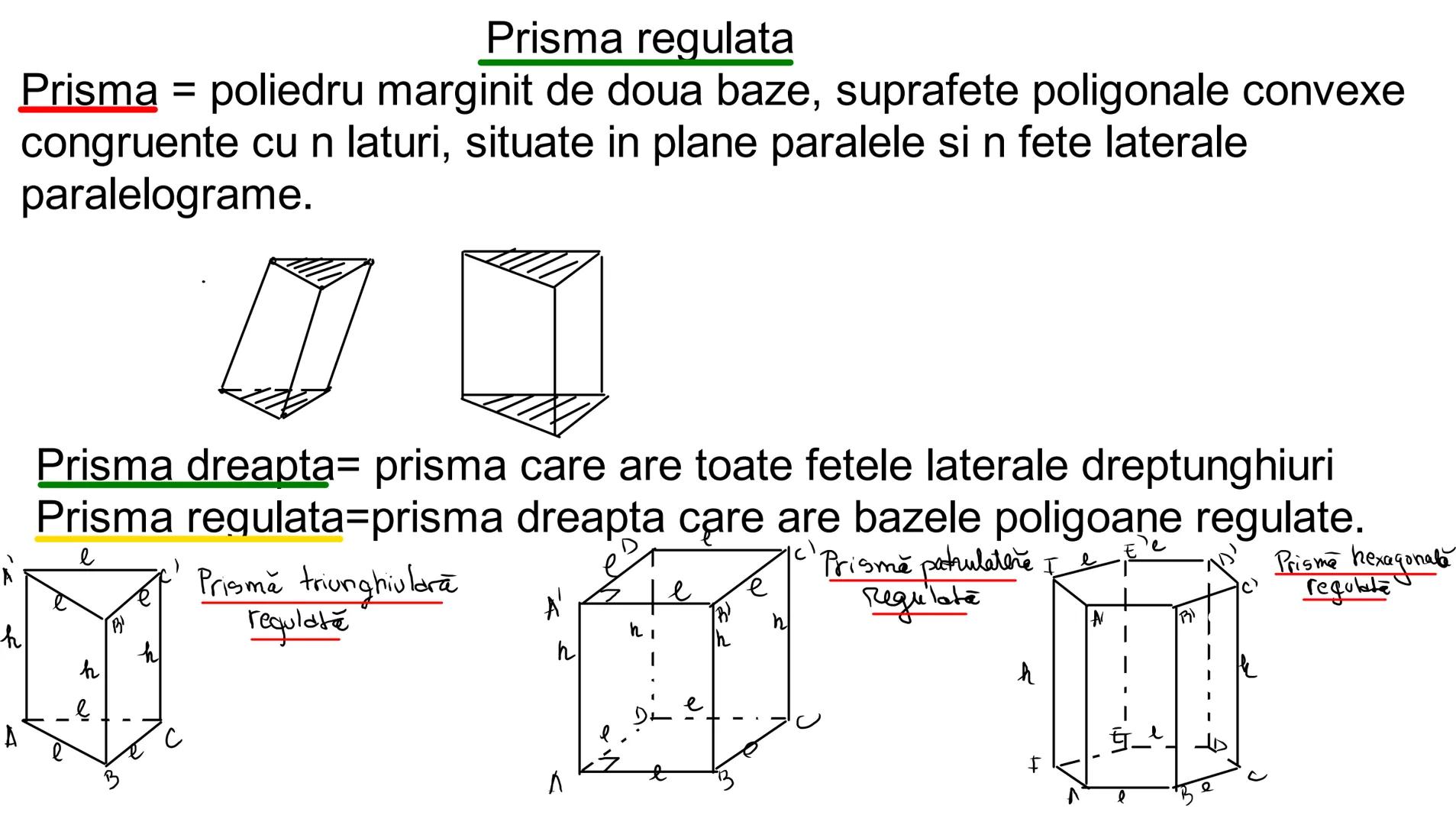 # Prisma regulata
Prisma = poliedru marginit de doua baze, suprafete poligonale convexe
congruente cu n laturi, situate in plane paralele si