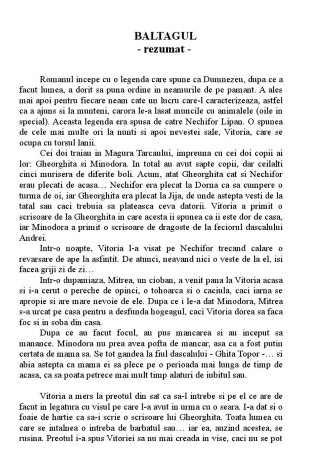 # BALTAGUL
rezumat -
Romanul incepe cu o legenda care spune ca Dumnezeu, dupa ce a
făcut lumea, a dorit sa puna ordine in neamurile de pe p