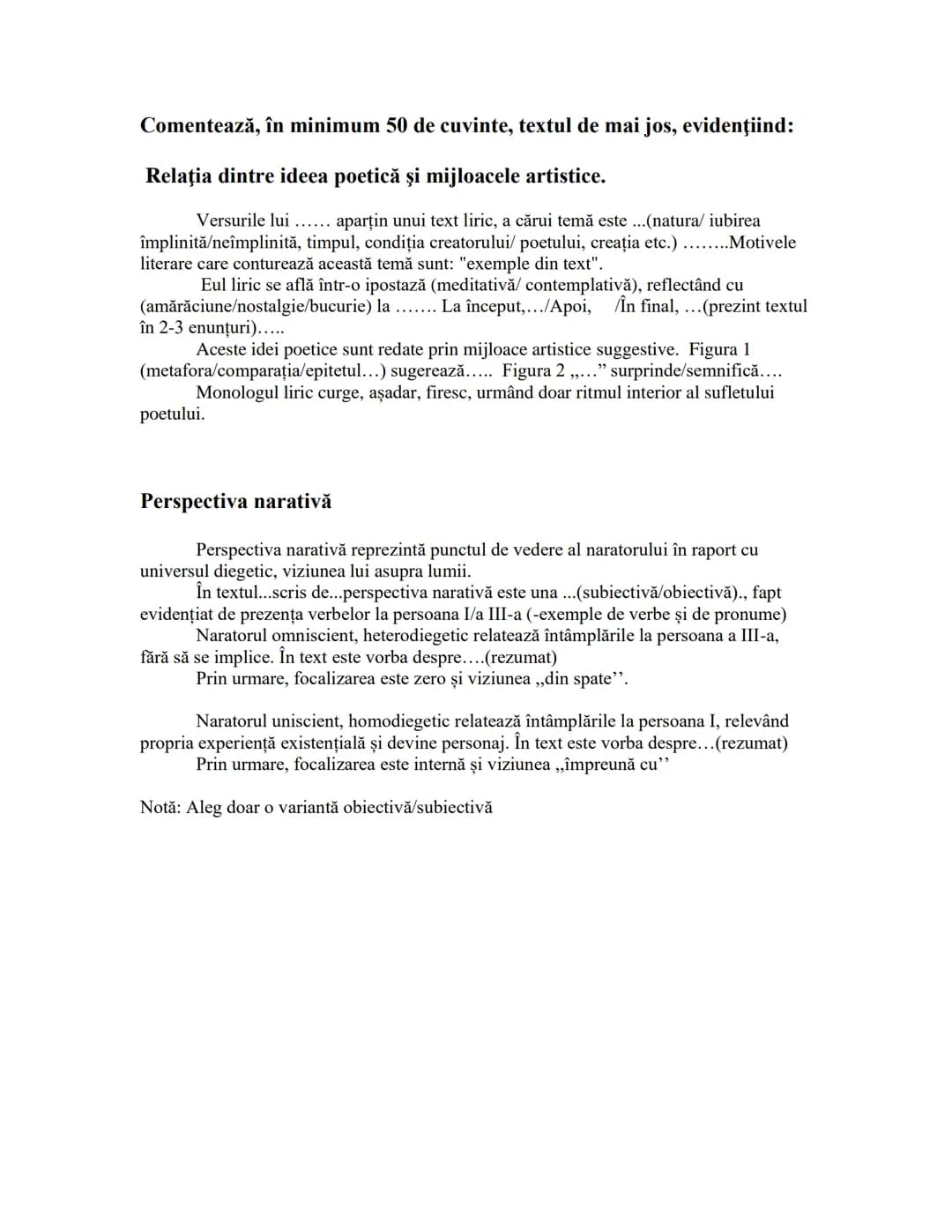 Comentează, în minimum 50 de cuvinte, textul de mai jos, evidenţiind:
Relaţia dintre ideea poetică şi mijloacele artistice.
Versurile lui