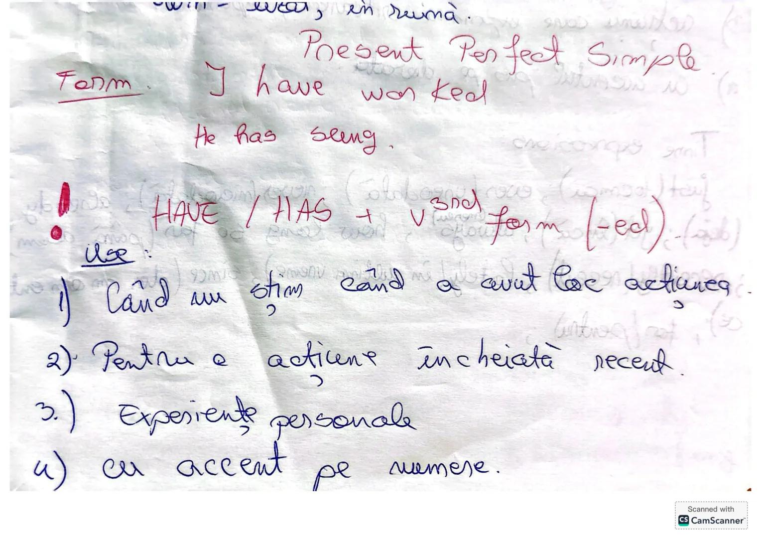 --- OCR Start ---
wear, in reuma.
Present Perfect Simple
won ked
Farm.
I have
He has seeng.
ilse:
HAVE / HAS + vand form (-ed) (
1) Când nu