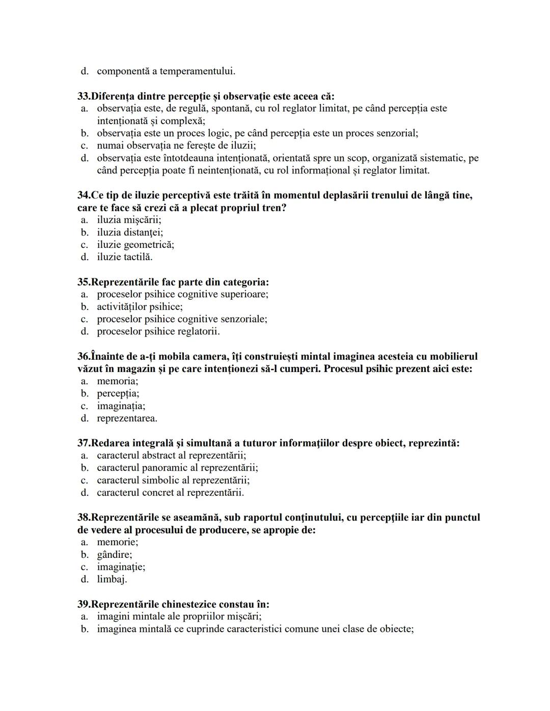 --- OCR Start ---
Fragment din lucrarea "PSIHOLOGIA PRIN SINTEZE SI GRILE"
Profesor IORDAN MARIETA
PROCESE COGNITIVE SENZORIALE
I.
II.
III.