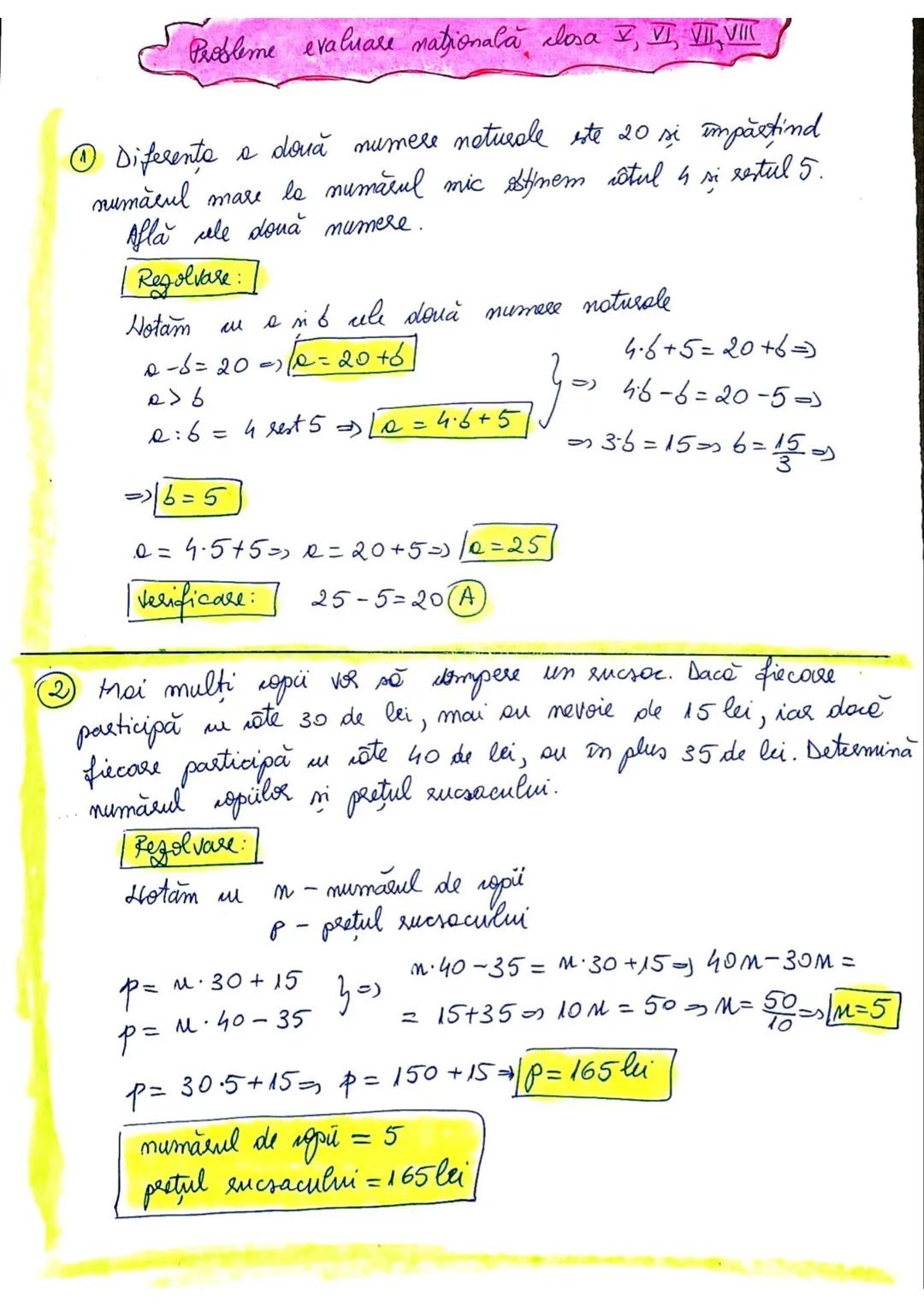 # Probleme evaluare naţională closa I,
① Diferente a două numere naturale ste 20 si împăstind
numaeul mare le numărul mic estinem cstul 4 s