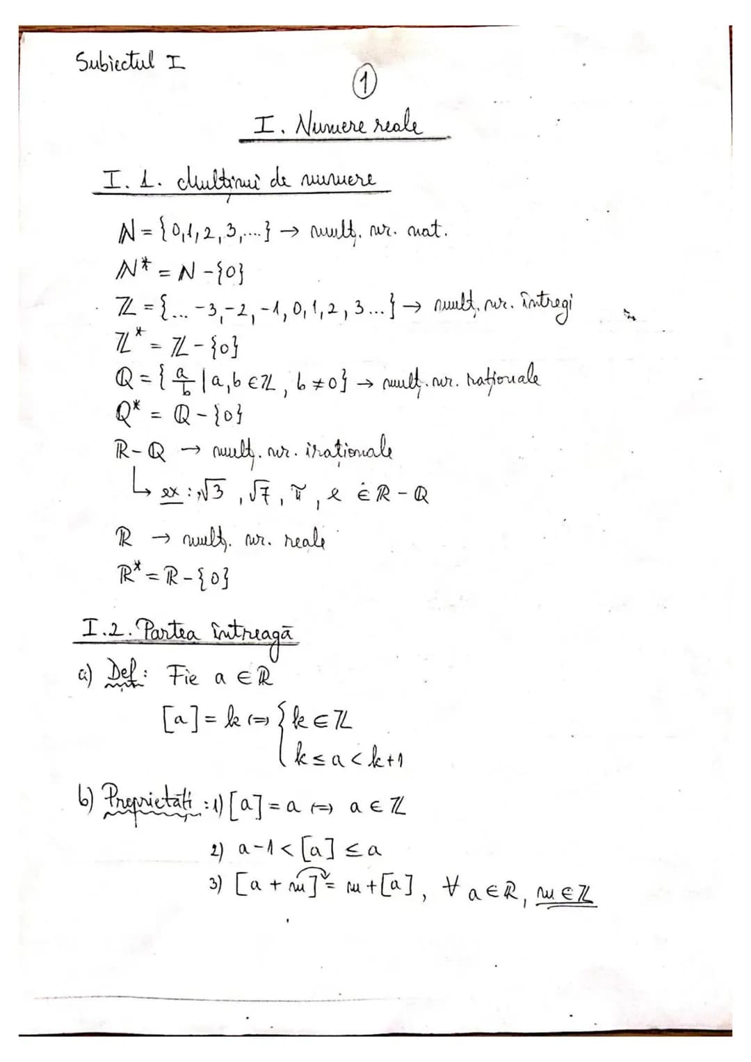 Subiectul I
1
I. Numere reale
I. 1. chuttinui de meruere
$N=${0,1,2,3,... mult, ur. nat.
$N^* = N -${0}
$72=${... -3,-2,-1,0,1,2, 3...