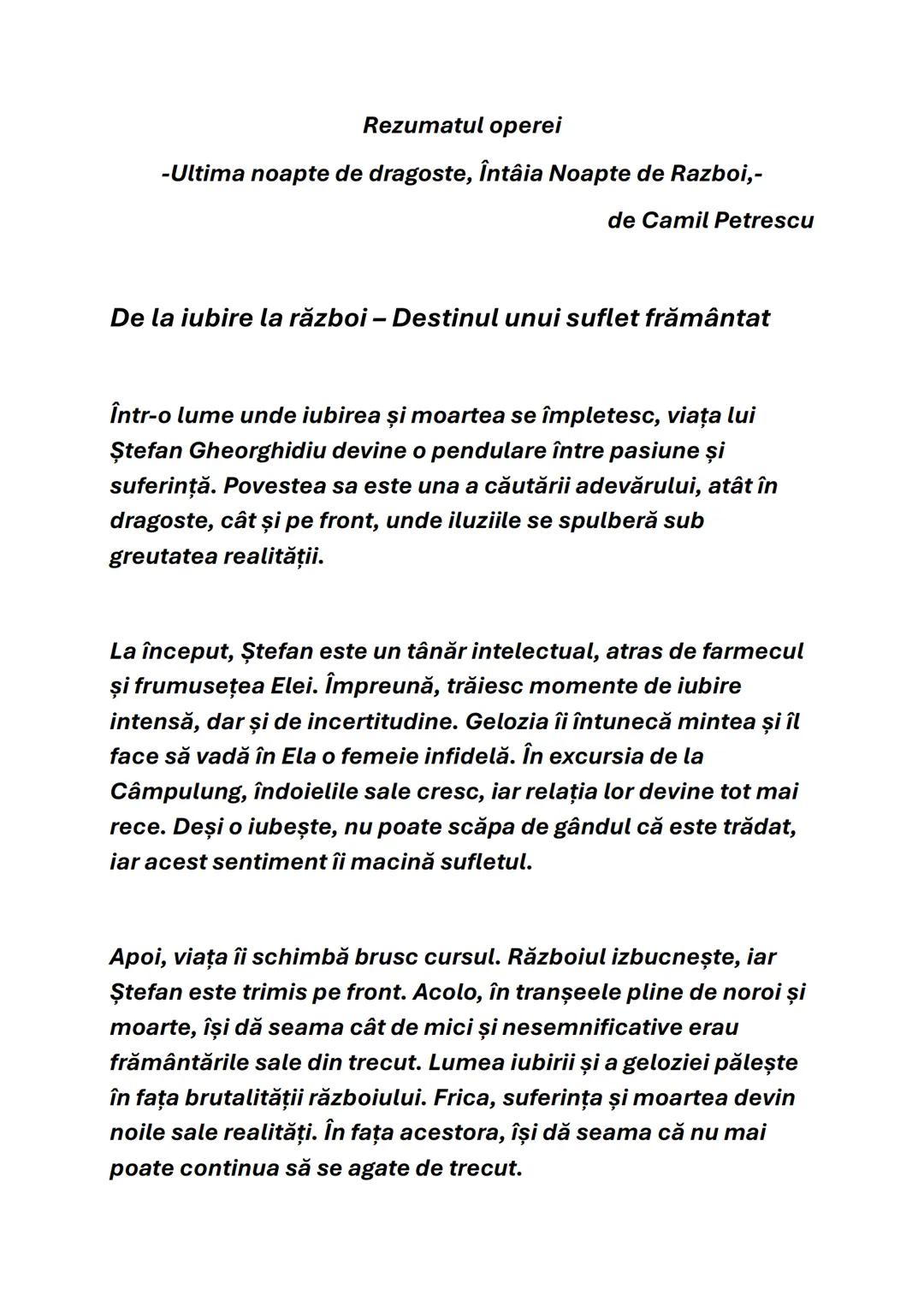 Rezumatul operei
-Ultima noapte de dragoste, întâia Noapte de Razboi,-
de Camil Petrescu
De la iubire la război - Destinul unui suflet fr