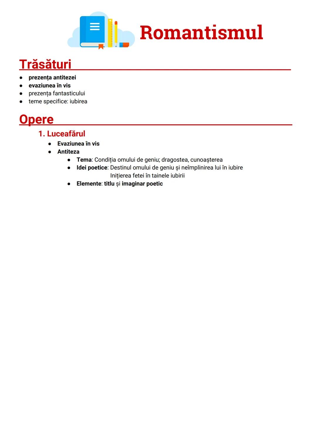 # Opere și curente
# Limba și literatura Română # Curente literare
1. Umanismul/Iluminismul
* importanţa progresului / a educaţiei
* i