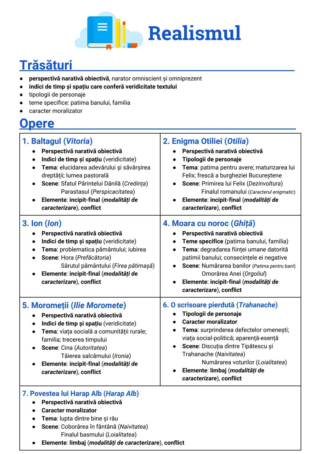 # Opere și curente
# Limba și literatura Română # Curente literare
1. Umanismul/Iluminismul
* importanţa progresului / a educaţiei
* i