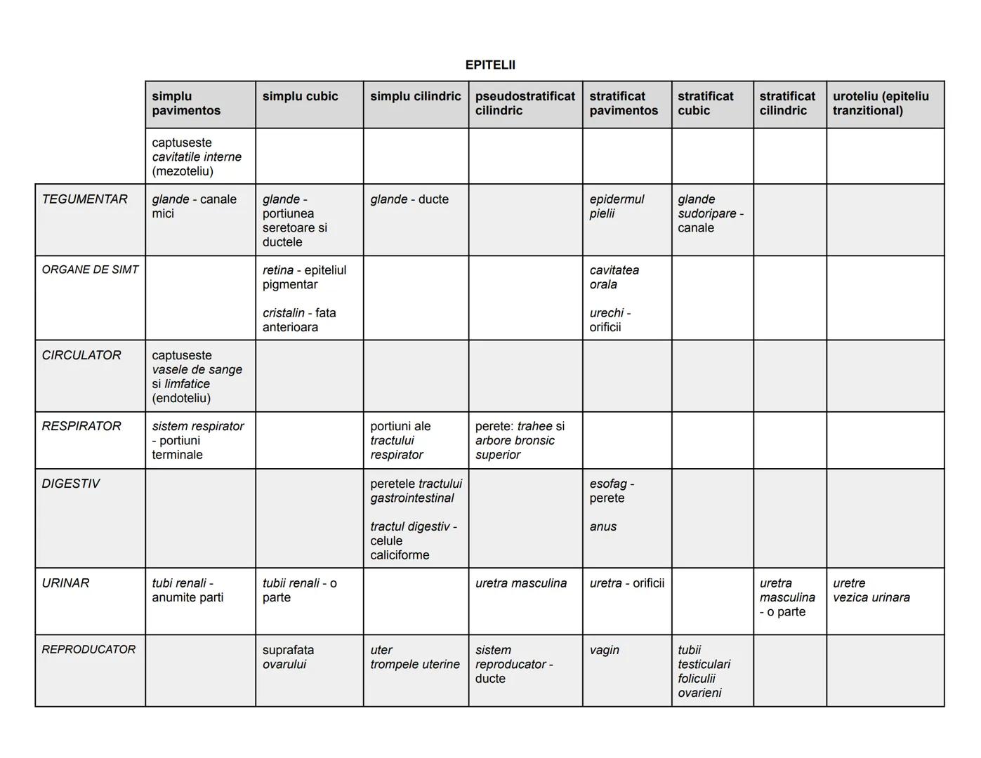 EPITELII
|                    | simplu   | simplu cubic | simplu cilindric | pseudostratificat cilindric | stratificat pavimentos | stratif