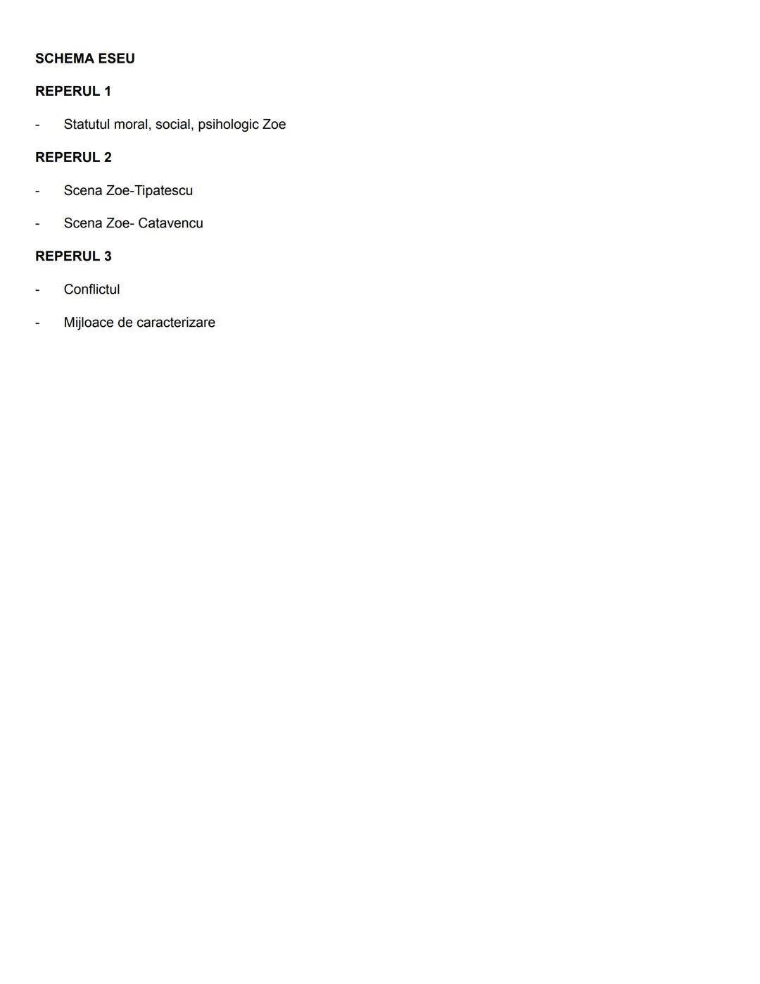 SCHEMA ESEU
REPERUL 1
- Statutul moral, social, psihologic Zoe
REPERUL 2
- Scena Zoe-Tipatescu
- Scena Zoe- Catavencu
REPERUL 3
- Conf