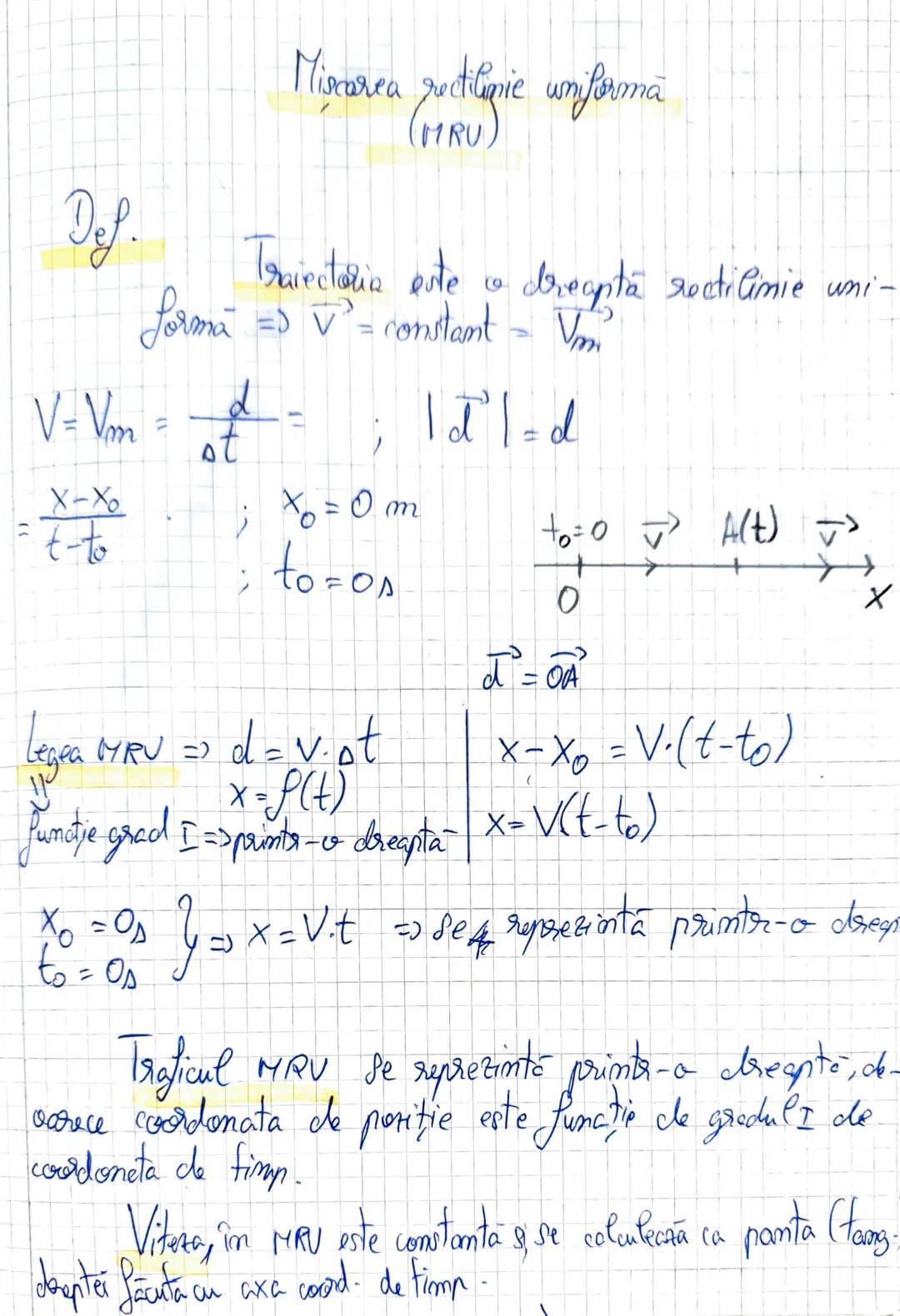 Miscarea rectiliopie
(MRU)
Def.
Trajectoria este o dreaptă rectilimie uni-
Jorma => $\vec{V}$ = constant = Vm
V=Vm = $\frac{d}{\Delta t}$