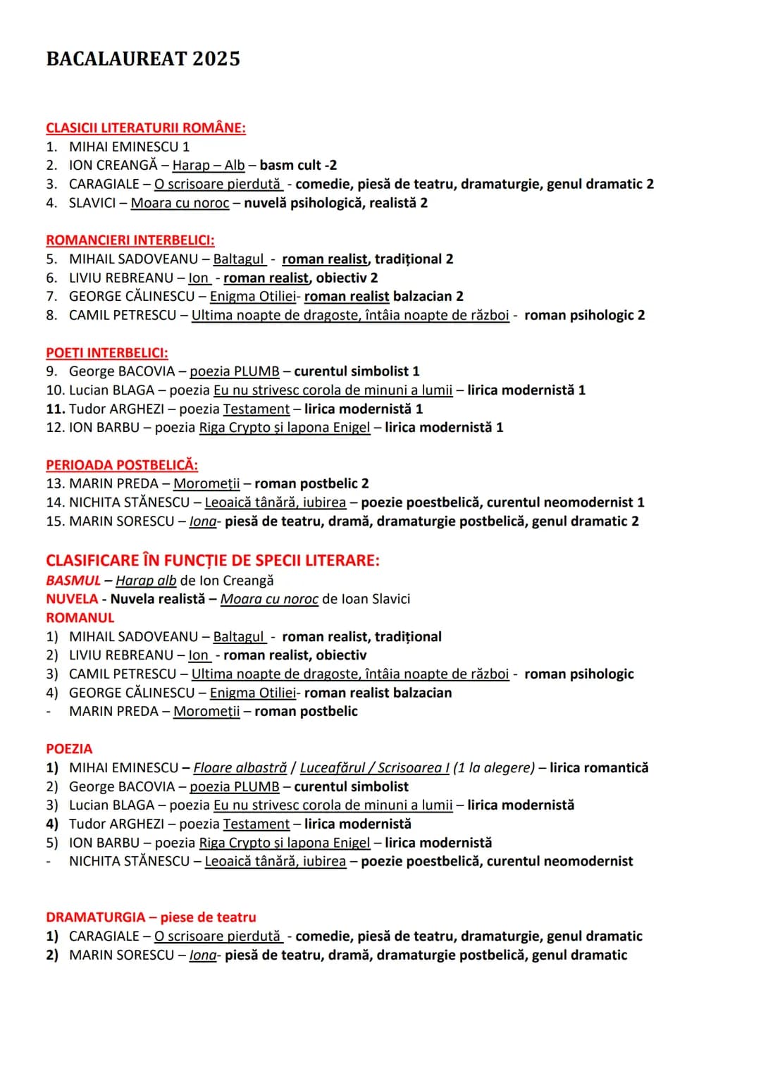 # BACALAUREAT 2025
CLASICII LITERATURII ROMÂNE:
1. MIHAI EMINESCU 1
2. ION CREANGĂ - Harap - Alb - basm cult -2
3. CARAGIALE - O scriso
