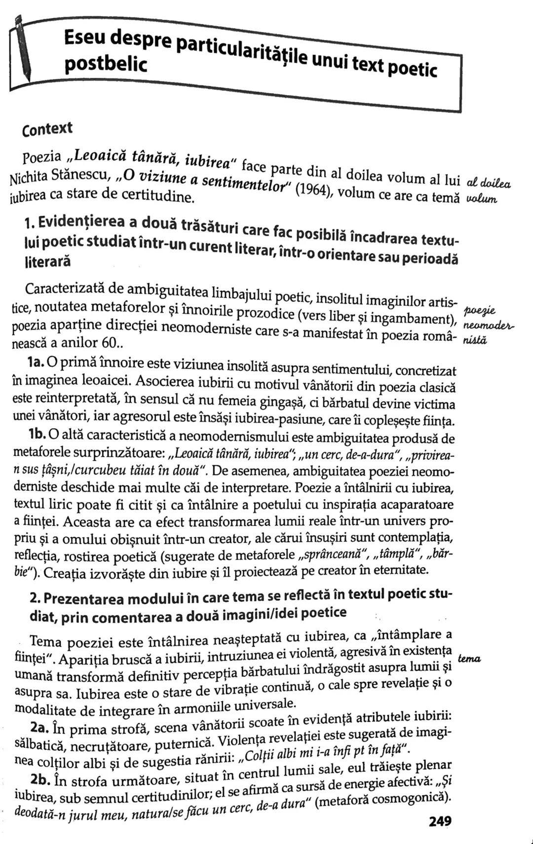 Planul eseului
„Leoaică tânără, iubirea" de Nichita Stănescu
Particularităţile textului poetic
Context
Poezia „Leoaică tânără, iubirea" fa