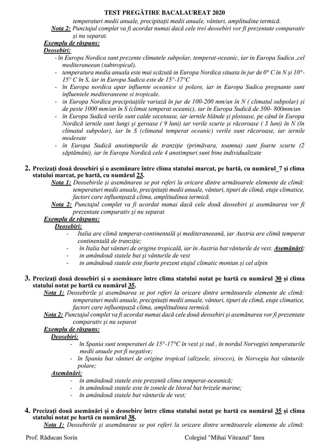 # TEST PREGĂTIRE BACALAUREAT 2020
# COMPARAȚII CLIMA EUROPEI
## REZOLVĂRI
Se acordă punctajul maxim (câte 2 puncte) pentru fiecare deoseb