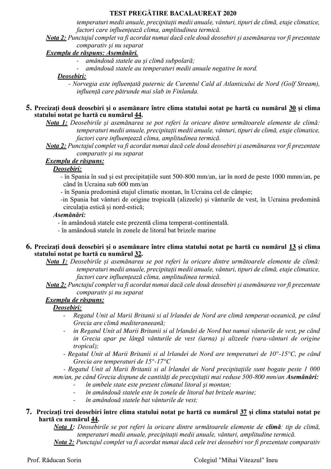 # TEST PREGĂTIRE BACALAUREAT 2020
# COMPARAȚII CLIMA EUROPEI
## REZOLVĂRI
Se acordă punctajul maxim (câte 2 puncte) pentru fiecare deoseb
