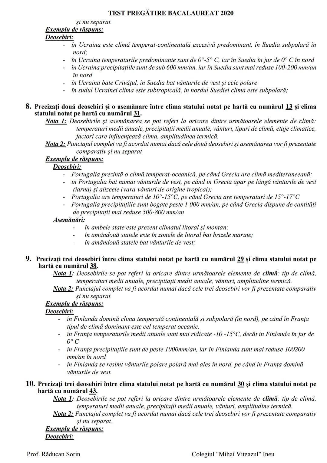 # TEST PREGĂTIRE BACALAUREAT 2020
# COMPARAȚII CLIMA EUROPEI
## REZOLVĂRI
Se acordă punctajul maxim (câte 2 puncte) pentru fiecare deoseb