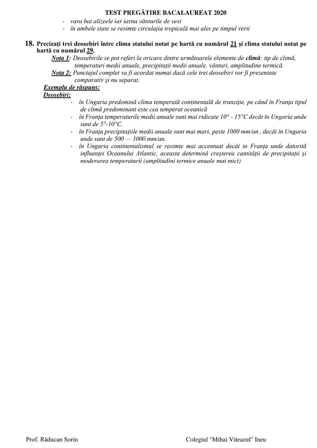 # TEST PREGĂTIRE BACALAUREAT 2020
# COMPARAȚII CLIMA EUROPEI
## REZOLVĂRI
Se acordă punctajul maxim (câte 2 puncte) pentru fiecare deoseb