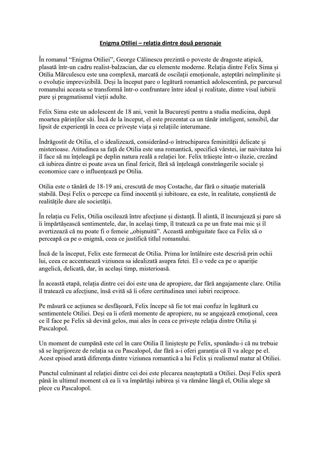 # Enigma Otiliei - relația dintre două personaje
În romanul "Enigma Otiliei", George Călinescu prezintă o poveste de dragoste atipică,
plas