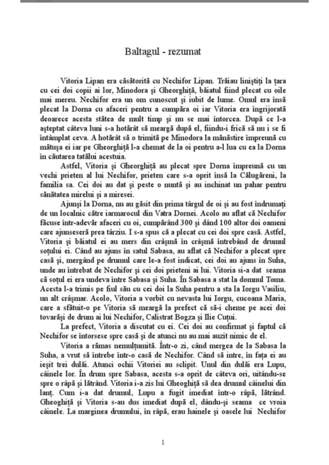 # Baltagul - rezumat
Vitoria Lipan era căsătorită cu Nechifor Lipan. Trăiau liniștiți la țara
cu cei doi copii ai lor, Minodora şi Gheorghi