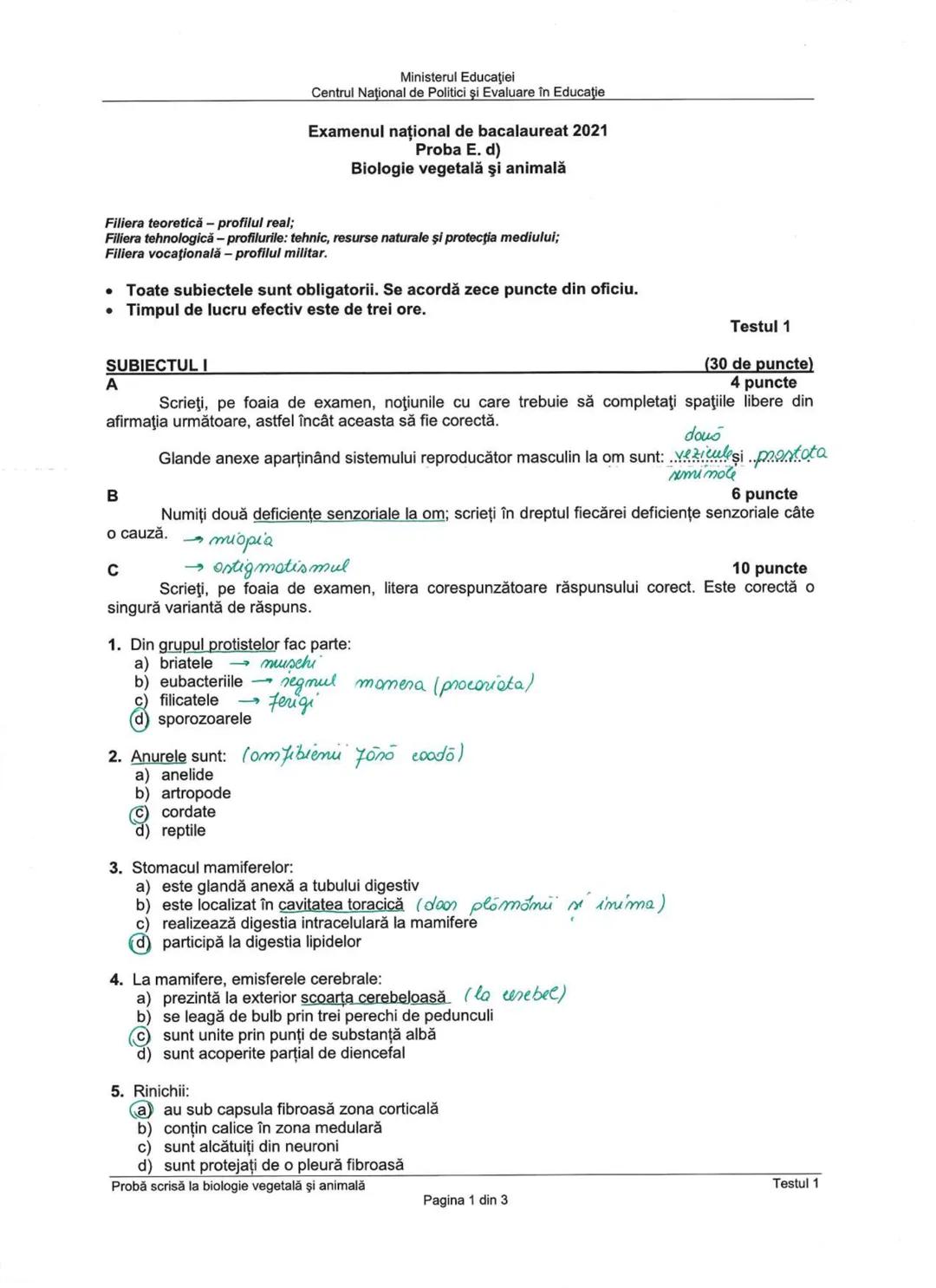 Ministerul Educaţiei
Centrul Naţional de Politici şi Evaluare în Educaţie
Examenul național de bacalaureat 2021
Proba E. d)
Biologie vegetal