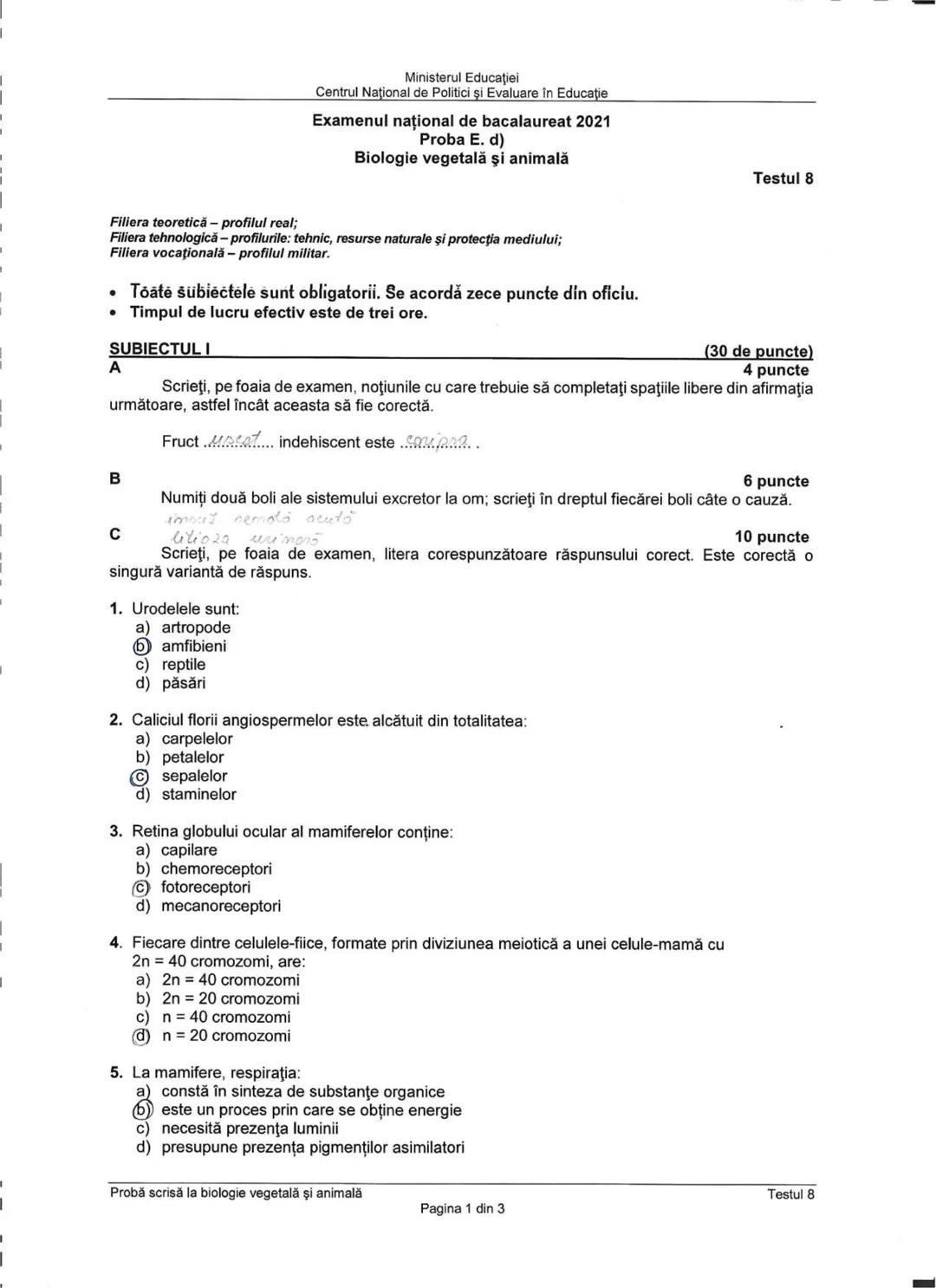 Ministerul Educaţiei
Centrul Naţional de Politici şi Evaluare în Educaţie
Examenul național de bacalaureat 2021
Proba E. d)
Biologie vegetal