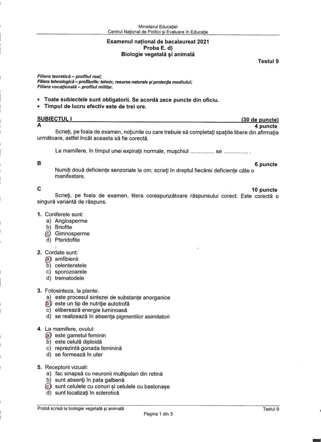 Ministerul Educaţiei
Centrul Naţional de Politici şi Evaluare în Educaţie
Examenul național de bacalaureat 2021
Proba E. d)
Biologie vegetal