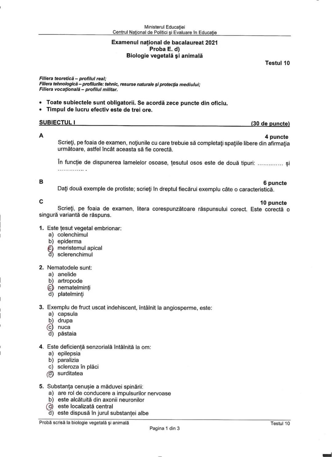 Ministerul Educaţiei
Centrul Naţional de Politici şi Evaluare în Educaţie
Examenul național de bacalaureat 2021
Proba E. d)
Biologie vegetal