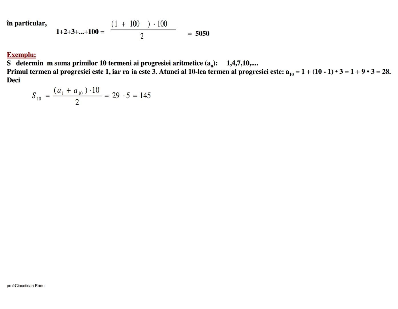 # Progresii aritmetice
Exemplu:
Fie irul $(a_n)$, adic $a_1,a_2, a_3, ...,a_n,...,$astfel încât $a_1 = 3$ i $a_{n+1}= a_n + 2$, pentru n 1.