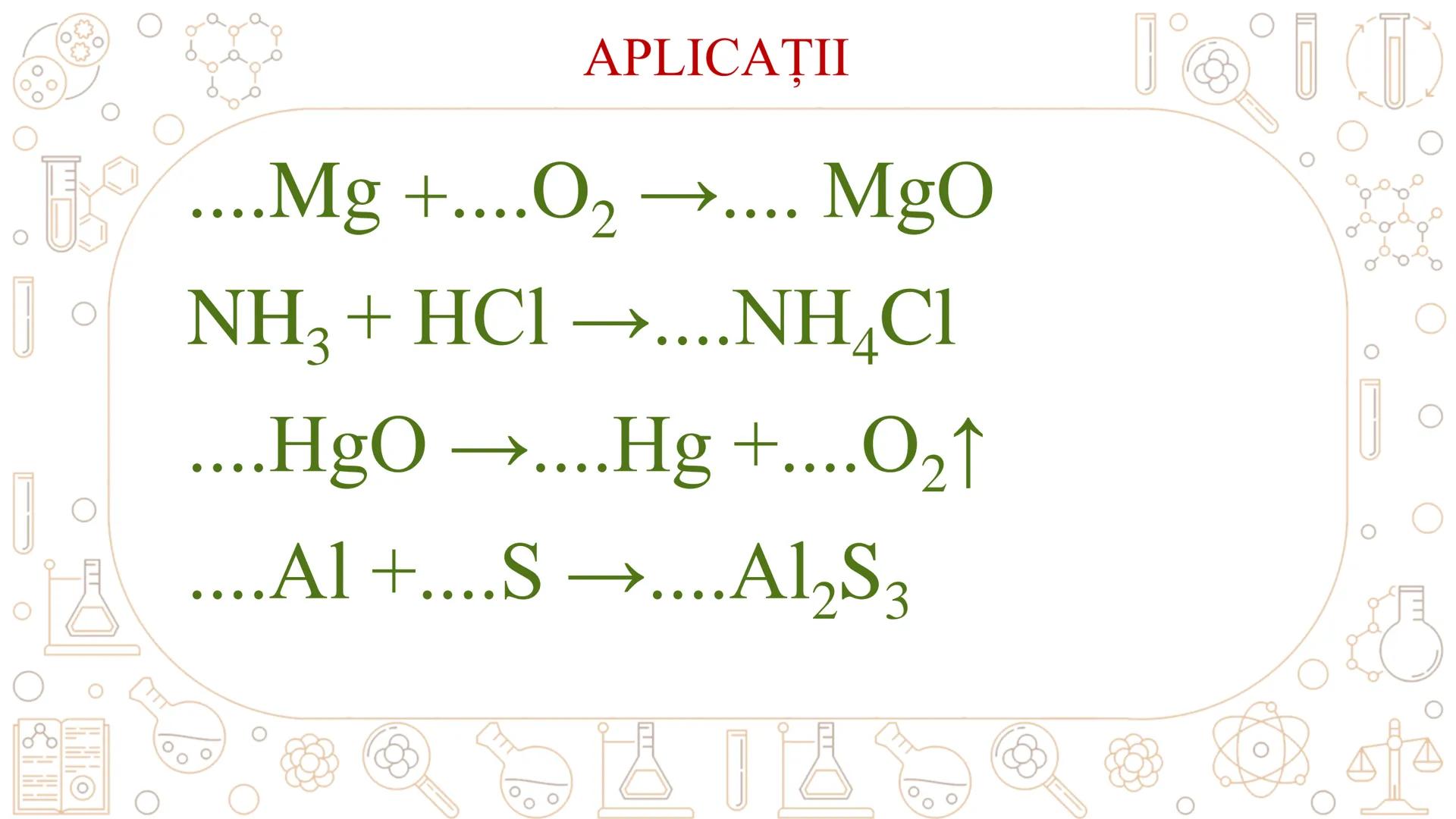 # REACȚII CHIMICE
ECUAȚIA REACȚIEI CHIMICE # REACȚIA CHIMICĂ
Fenomenul chimic prin care una sau mai multe
substanțe se transformă în alte