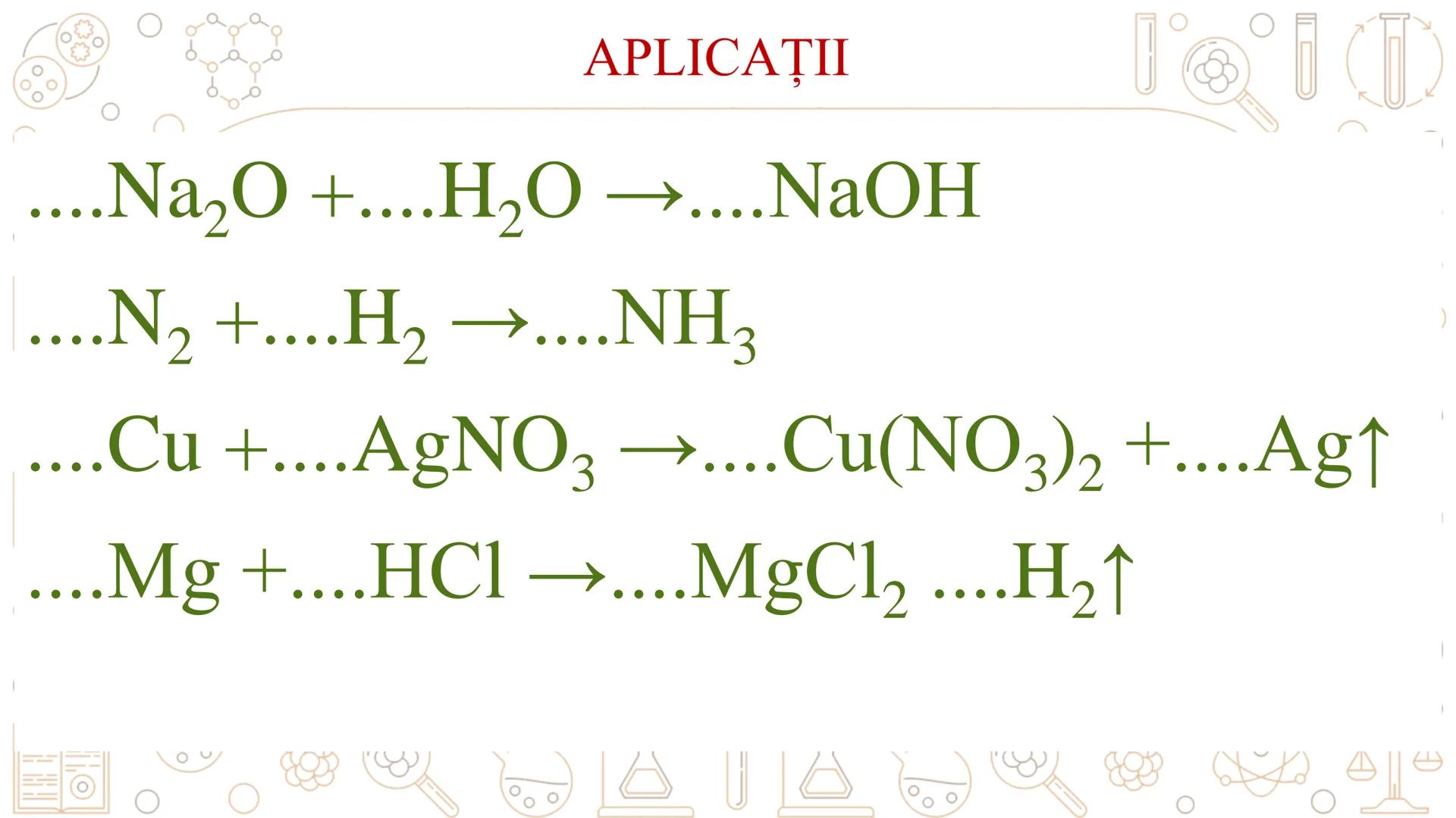# REACȚII CHIMICE
ECUAȚIA REACȚIEI CHIMICE # REACȚIA CHIMICĂ
Fenomenul chimic prin care una sau mai multe
substanțe se transformă în alte