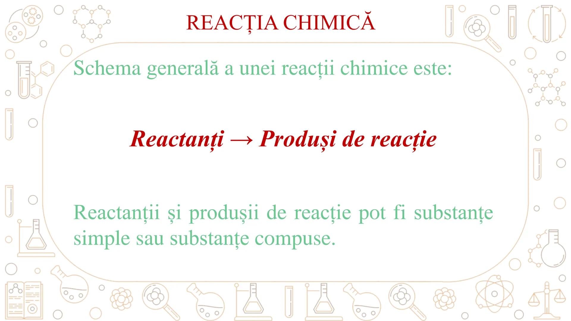 # REACȚII CHIMICE
ECUAȚIA REACȚIEI CHIMICE # REACȚIA CHIMICĂ
Fenomenul chimic prin care una sau mai multe
substanțe se transformă în alte