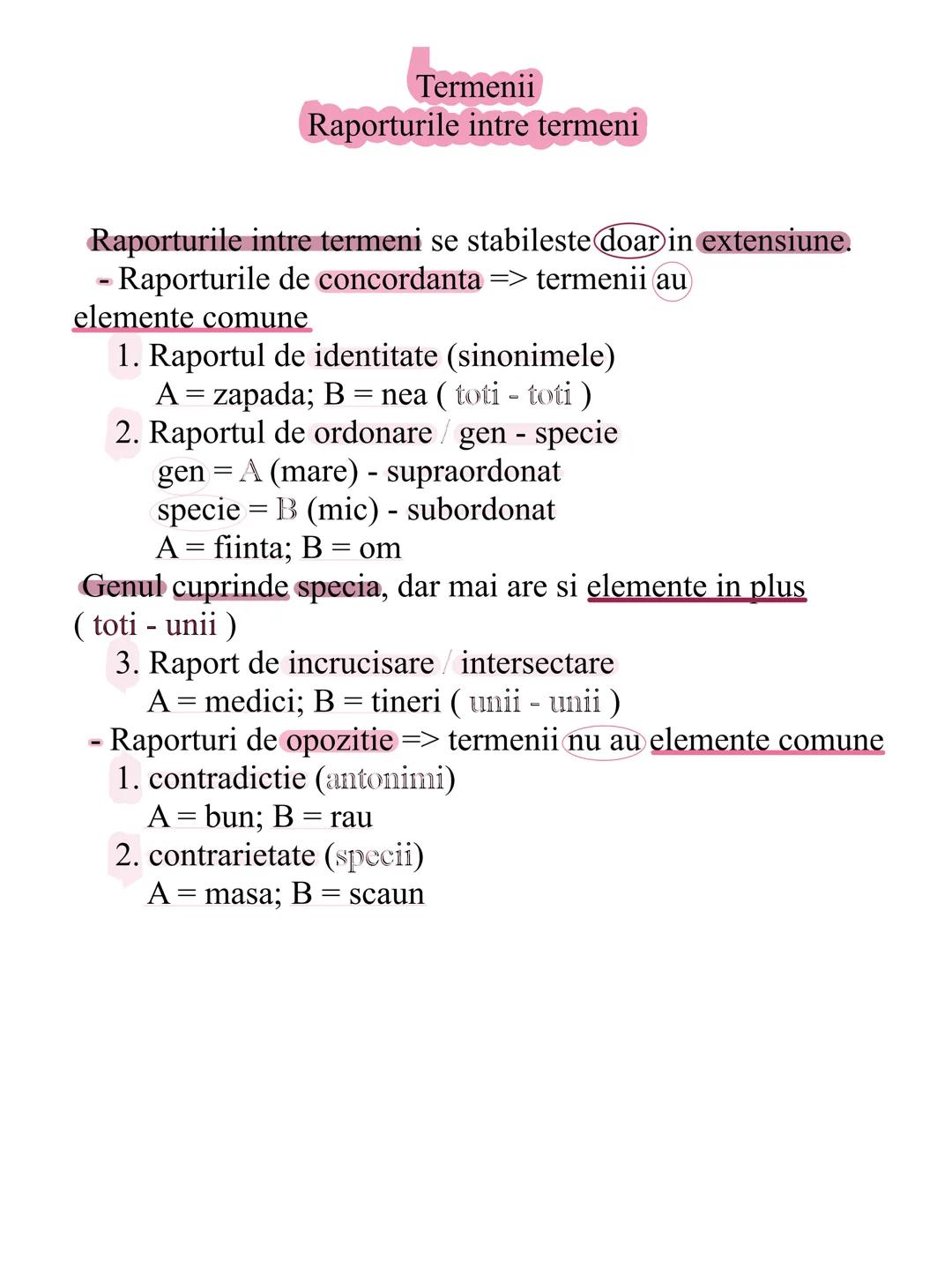 # Termenii
Raporturile intre termeni
Raporturile intre termeni se stabileste doar in extensiune.
- Raporturile de concordanta => termenii a