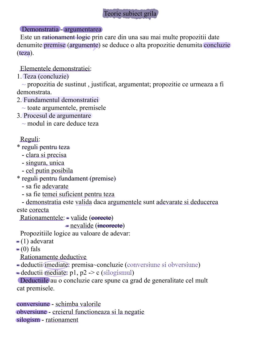 --- OCR Start ---
Demonstratia - argumentarea
Teorie subiect grila
Este un rationament logic prin care din una sau mai multe propozitii date