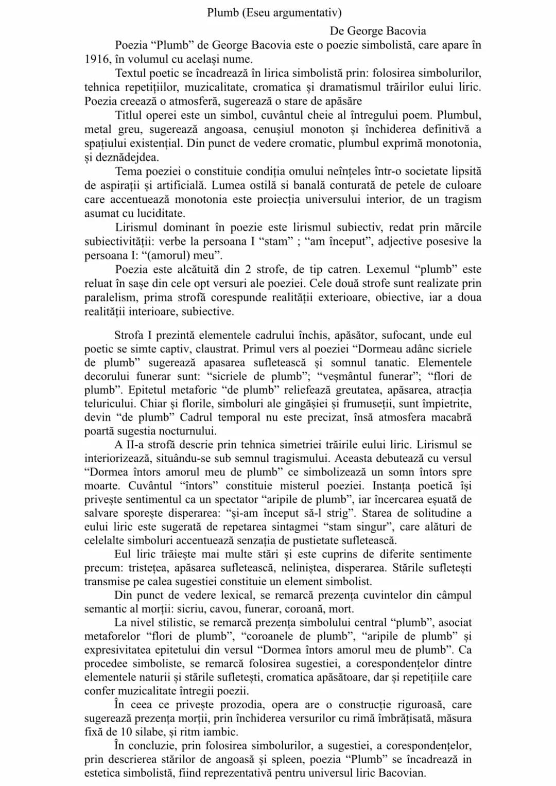 # Plumb (Eseu argumentativ)
De George Bacovia
Poezia "Plumb" de George Bacovia este o poezie simbolistă, care apare în
1916, în volumul cu
