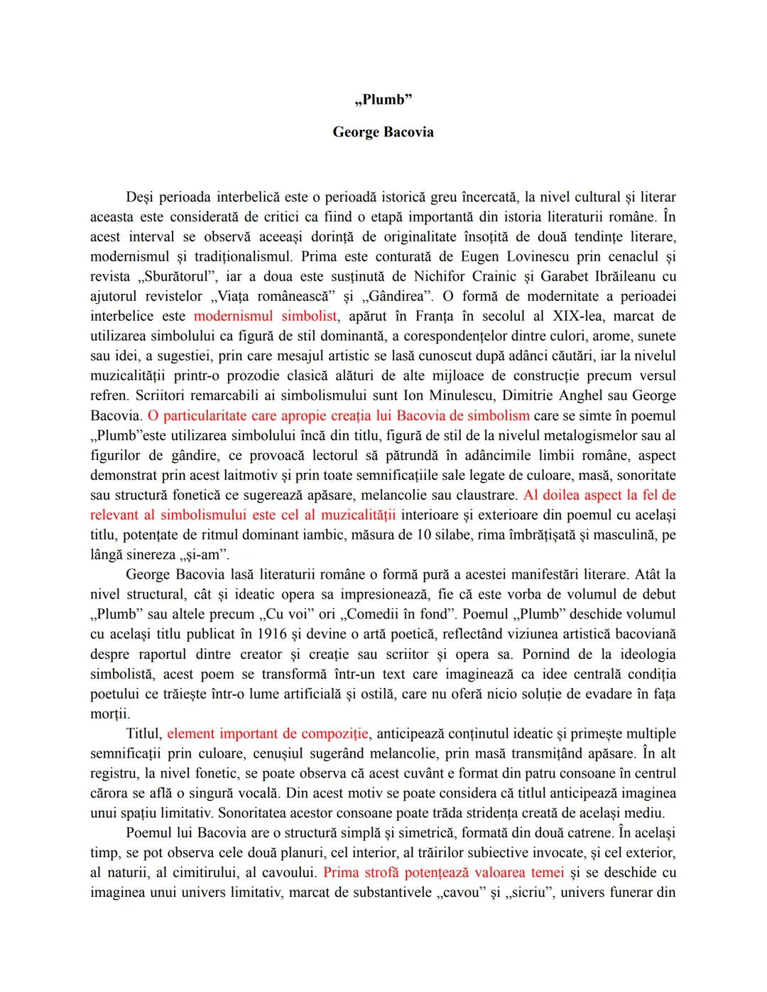 # „Plumb"
George Bacovia
Deşi perioada interbelică este o perioadă istorică greu încercată, la nivel cultural și literar
aceasta este cons