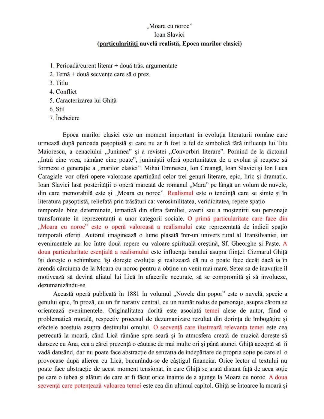 # „Moara cu noroc"
Ioan Slavici
(particularități nuvelă realistă, Epoca marilor clasici)
1. Perioadă/curent literar + două trăs. argumentat