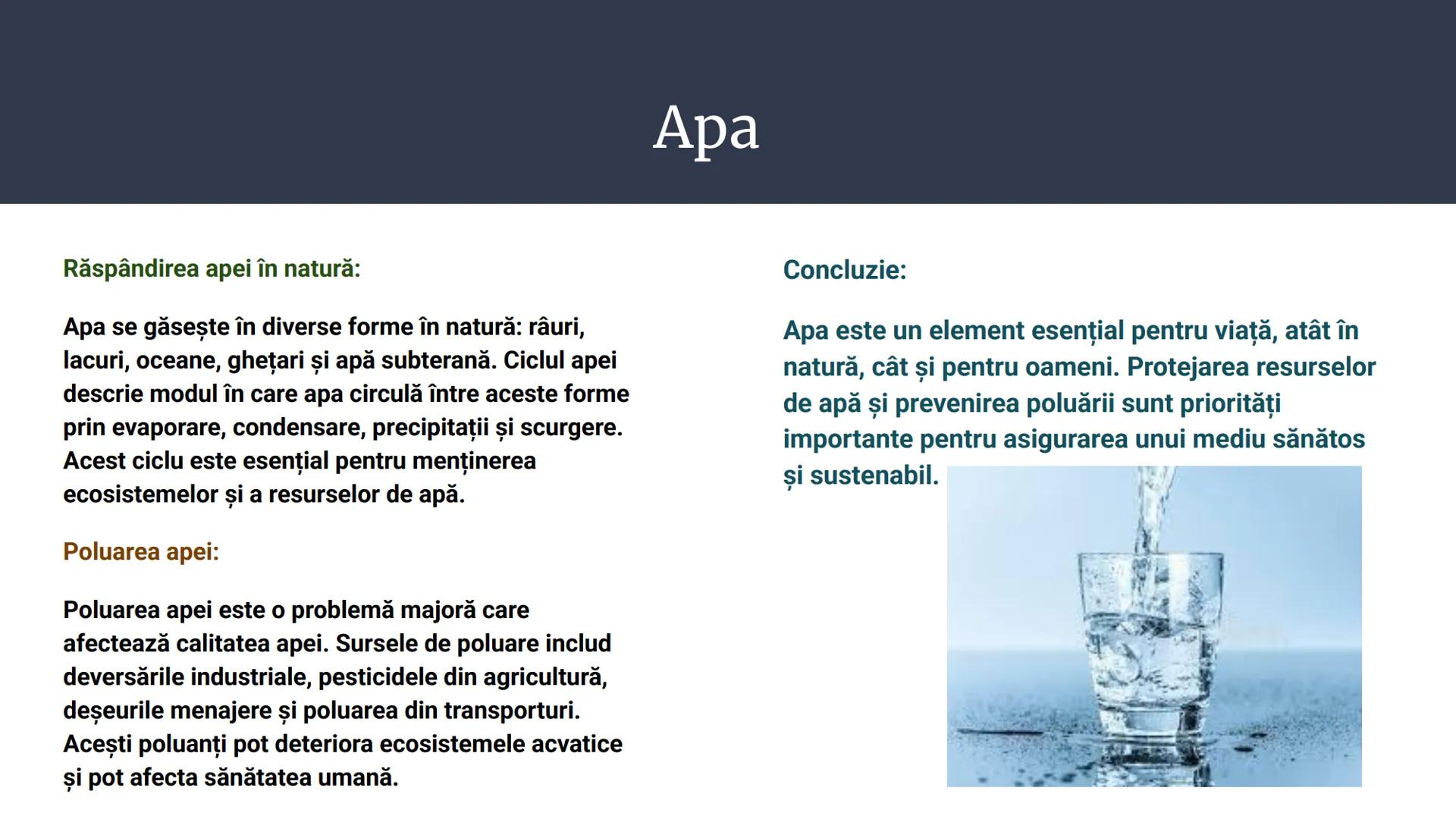 # Apa,Solul și Aerul
PROIECT CHIMIE Apa
• Rolul apei în natură
• Rolul apei în viața umană
• Răspândirea apei în natură
• Poluarea apei în