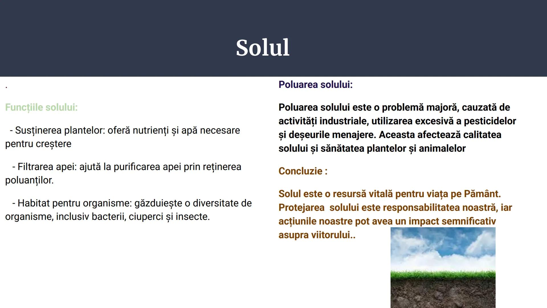 # Apa,Solul și Aerul
PROIECT CHIMIE Apa
• Rolul apei în natură
• Rolul apei în viața umană
• Răspândirea apei în natură
• Poluarea apei în