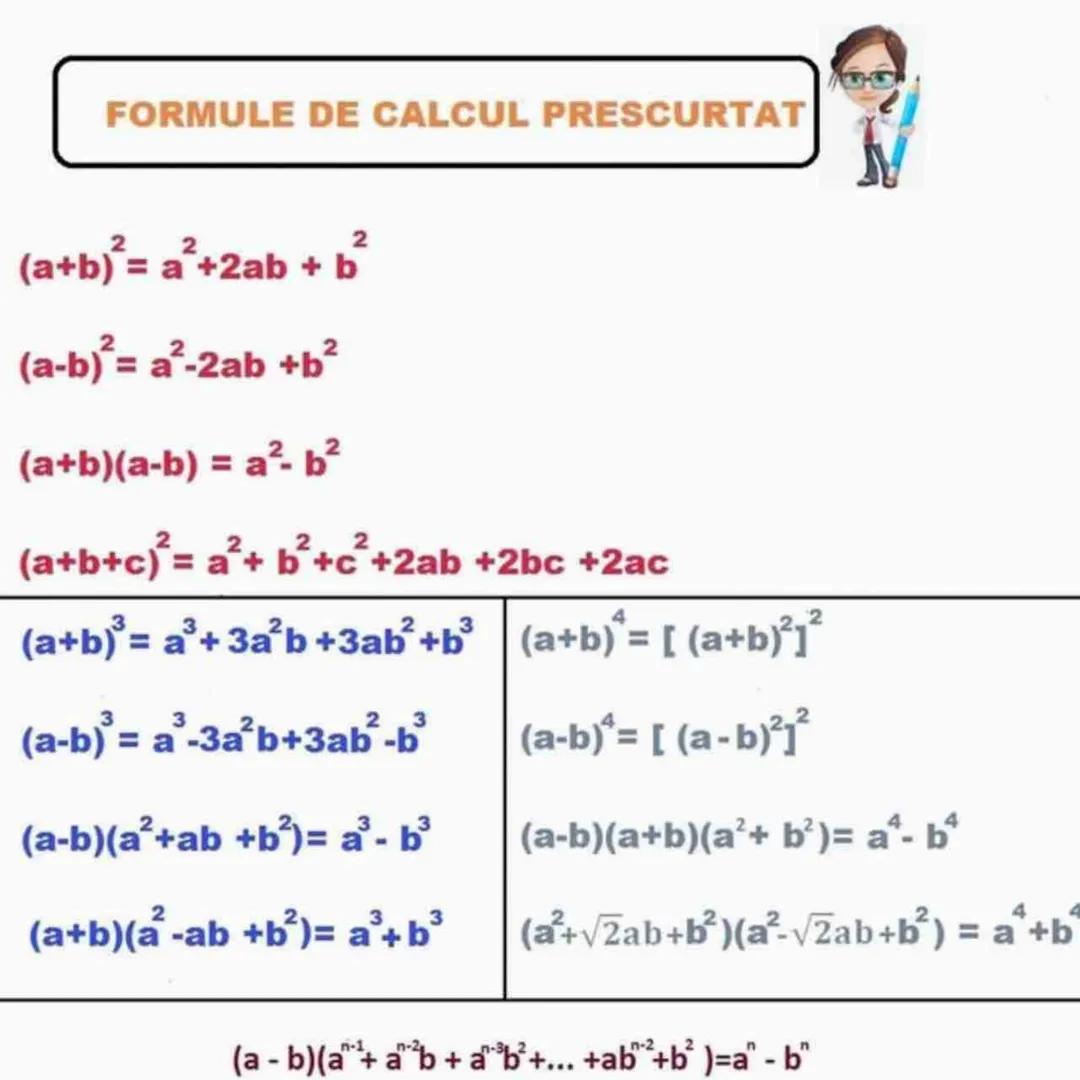 # FORMULE DE CALCUL PRESCURTAT
($a+b$)^{2}=$a^{2}+2ab+b^{2}
($a-b$)^{2}=$a^{2}-2ab+b^{2}
($a+b$)($a-b$)=$a^{2}-b^{2}
($a+b+c$)^{2}=$a^{2