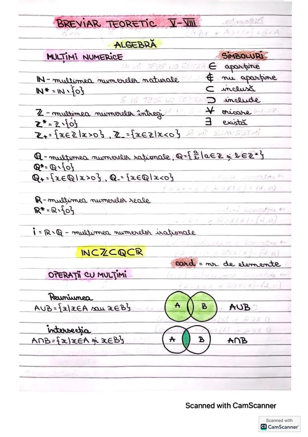 # BREVIAR TEORETIC V-VIII
## ALGEBRA
### MULŢIMI NUMERICE
IN-multimea numerelor naturale.
IN* = IN 20}
Z-multimea numerelor întregi
2*