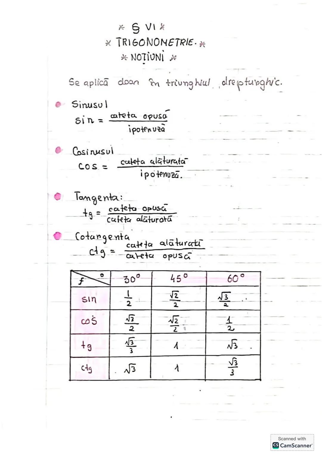 * S VIX
* TRIGONOMETRIE.*
* NOTIUNI *
Se aplică doar în triunghiul dreptunghic.
• Sinusul
$sin = \frac{cateta \cdot opusa}{ipotenusa}$
• Cos