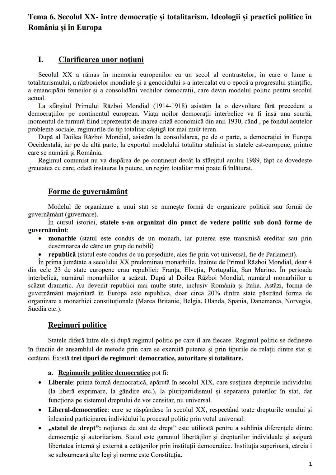 # Tema 6. Secolul XX- între democrație și totalitarism. Ideologii și practici politice în
România și în Europa
I. Clarificarea unor noţiuni