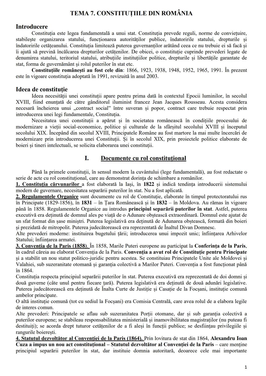 # TEMA 7. CONSTITUȚIILE DIN ROMÂNIA
Introducere
Constituţia este legea fundamentală a unui stat. Constituția prevede reguli, norme de conv
