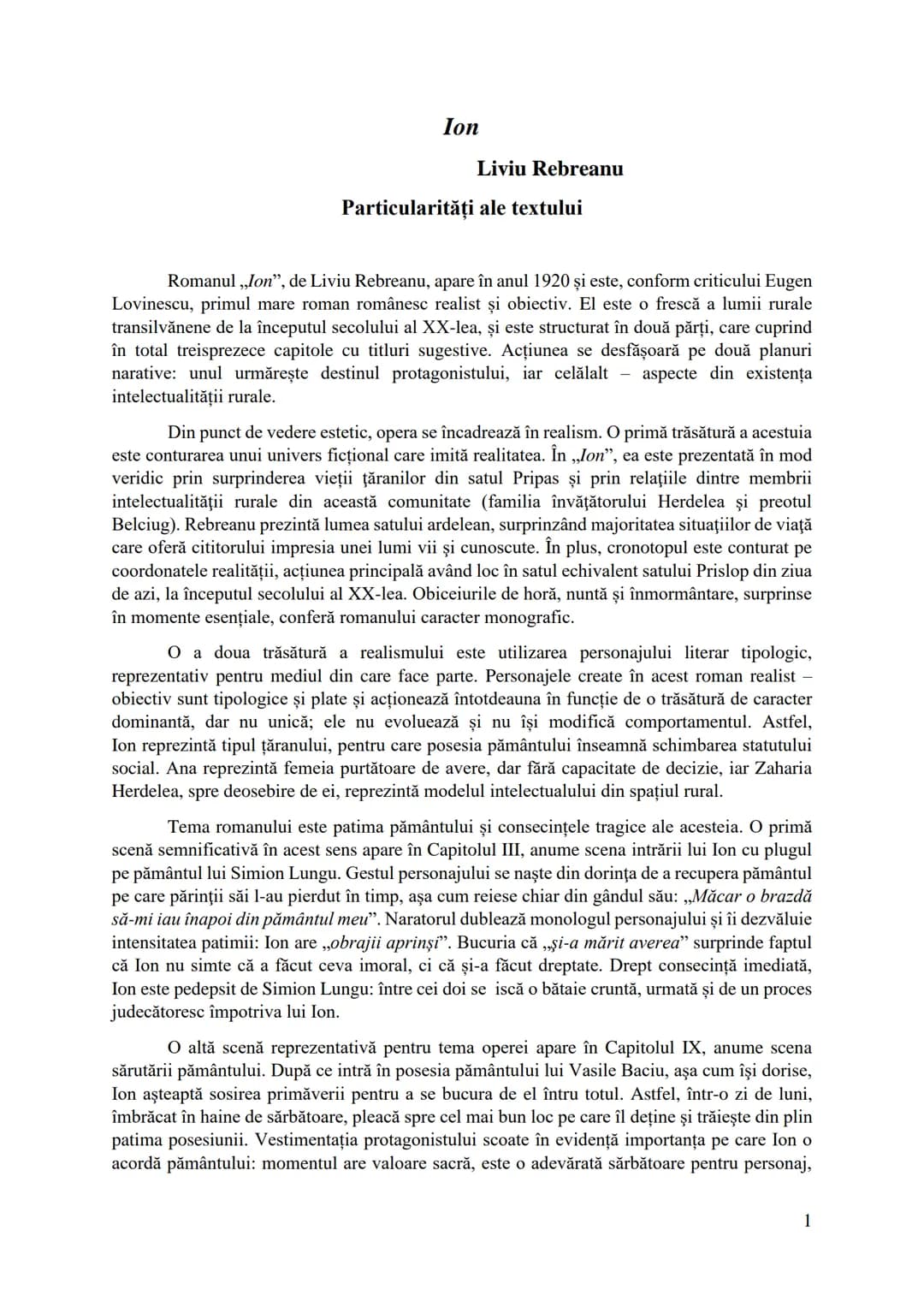# Ion
Liviu Rebreanu
Particularități ale textului
Romanul „Ion", de Liviu Rebreanu, apare în anul 1920 și este, conform criticului Eugen