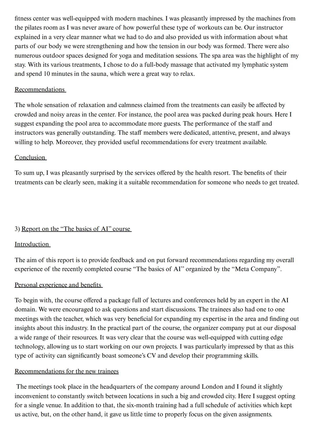 --- OCR Start ---
Writing CAE - report and proposal
Examples
1) Report on my stay at Hotel Belluncia
Introduction
The aim of this report is