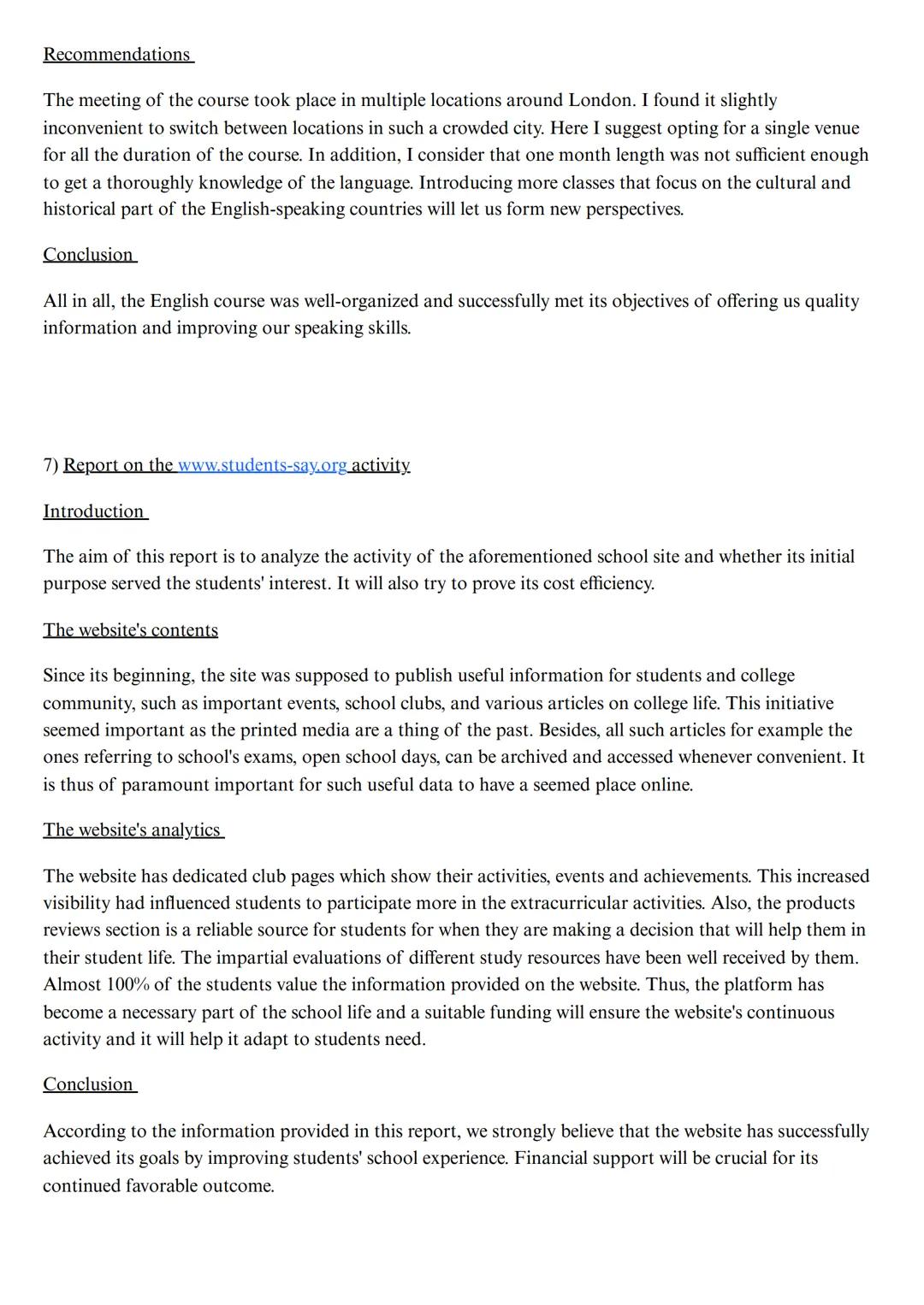 --- OCR Start ---
Writing CAE - report and proposal
Examples
1) Report on my stay at Hotel Belluncia
Introduction
The aim of this report is